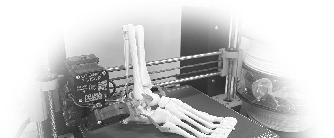 3D printer creating a detailed white skeletal foot model, with mechanical components visible. The setting is technical, precise, and innovative.