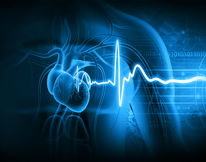Stylized image of a blue-toned human heart with an overlaid white EKG heartbeat line. Digital elements suggest science and healthcare themes.