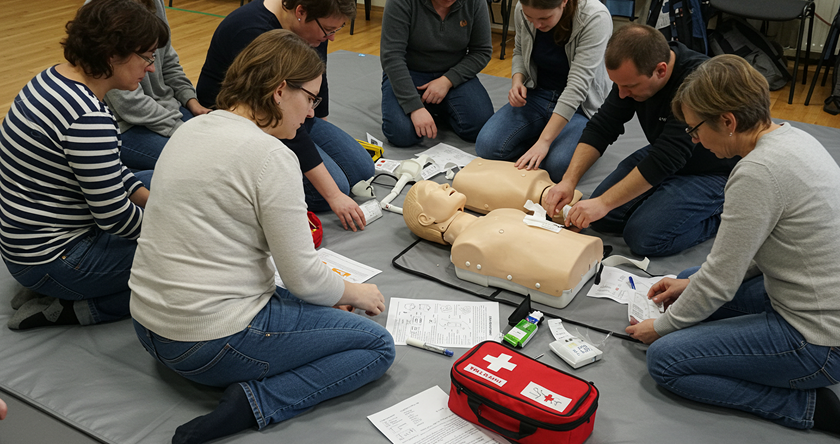 A group of people practicing CPR on a manikin, surrounded by instruction sheets and a red first aid kit, conveying a sense of focus and cooperation.